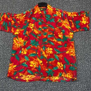 Roundy Bay Shirt Men Large OrangeHawaiian Button Up Short Sleeve Collared L